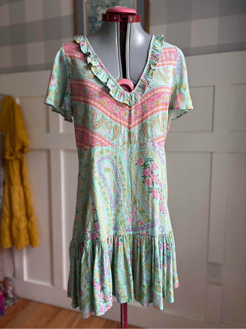 Spell Mint & Pink Paisley Ruffle V-Neck Mini Dress - Floral Print Medium